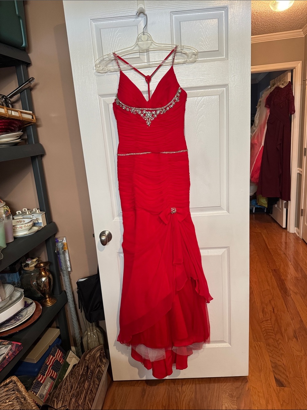 Red Beaded Prom Gown with V-Neck and Rhinestone Accents